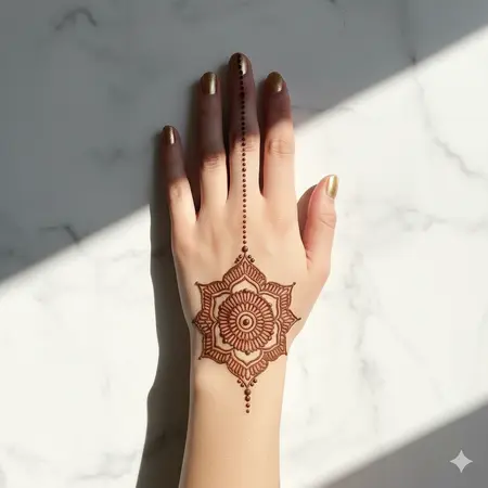 Chic geometric ring minimal palm mehndi 2026 with clean line symmetry and wrist dots. Chic geometric ring minimal palm mehndi 2026 with clean line symmetry and wrist dots.