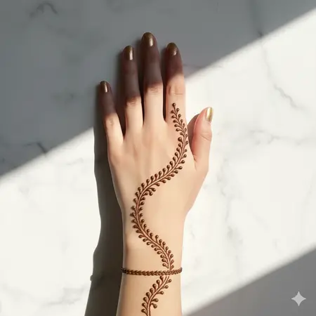 Subtle botanical branch minimal palm henna 2026 with miniature olive leaves and stems. Subtle botanical branch minimal palm henna 2026 with miniature olive leaves and stems.