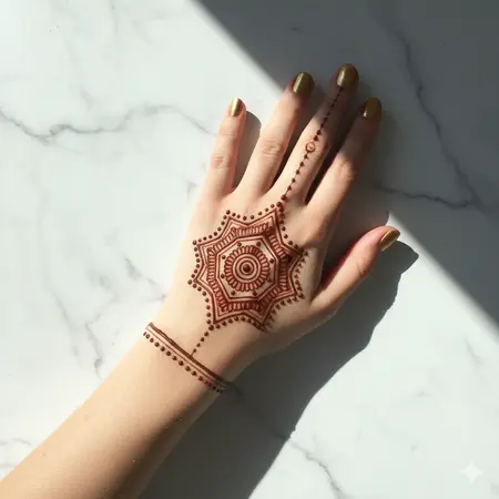 Modern sunburst minimalist palm mehndi 2026 with fine micro rays and dainty band detailing. Modern sunburst minimalist palm mehndi 2026 with fine micro rays and dainty band detailing.