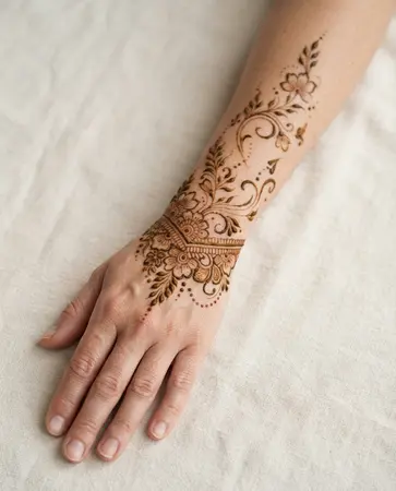 Modern mehndi design extending from the back of the hand toward the forearm Modern mehndi design extending from the back of the hand toward the forearm