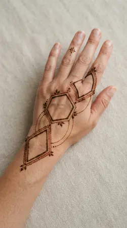Modern mehndi design with geometric panels and delicate botanical details Modern mehndi design with geometric panels and delicate botanical details