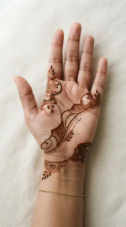 Modern mehndi design with delicate henna motifs and open negative space on the palm Modern mehndi design with delicate henna motifs and open negative space on the palm