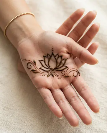 Modern mehndi design featuring an open lotus motif and minimalist ornamental lines Modern mehndi design featuring an open lotus motif and minimalist ornamental lines