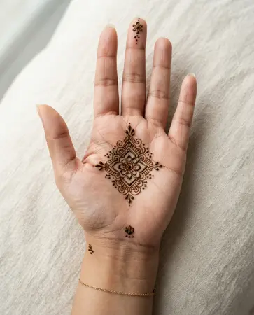 Modern mehndi design focused on a single palm-center motif with minimal decoration Modern mehndi design focused on a single palm-center motif with minimal decoration