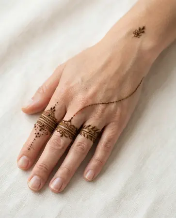 Modern mehndi design featuring delicate henna ring patterns on the fingers Modern mehndi design featuring delicate henna ring patterns on the fingers