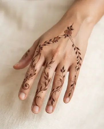 Modern mehndi design with fine finger lines and natural skin left visible Modern mehndi design with fine finger lines and natural skin left visible