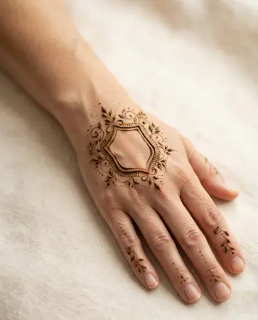Personalized mehndi design with a small ornamental space for a meaningful date or symbol Personalized mehndi design with a small ornamental space for a meaningful date or symbol