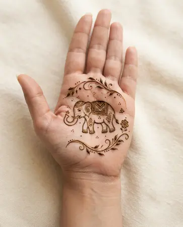 Rajasthani-inspired mehndi design featuring a small ornamental elephant motif Rajasthani-inspired mehndi design featuring a small ornamental elephant motif