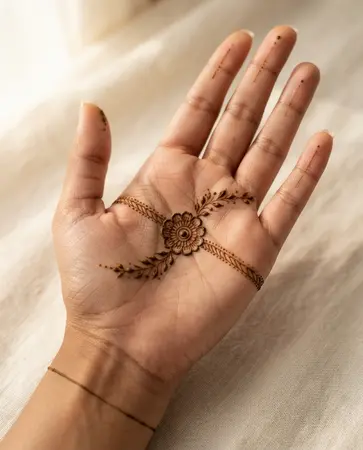 Festive mehndi design with a decorative thread-inspired motif and floral henna details Festive mehndi design with a decorative thread-inspired motif and floral henna details