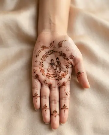 Romantic bridal mehndi design with a small decorative couple silhouette Romantic bridal mehndi design with a small decorative couple silhouette