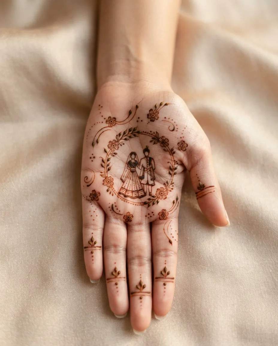 Romantic bridal mehndi design with a small decorative couple silhouette Romantic bridal mehndi design with a small decorative couple silhouette