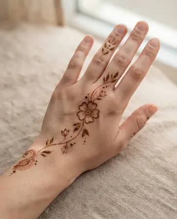 simple Arabic back hand mehndi design with flowing vine simple Arabic back hand mehndi design with flowing vine