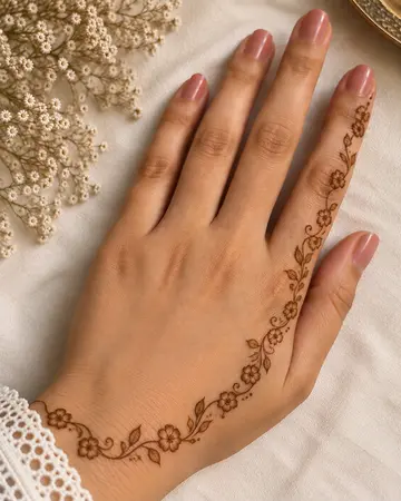 simple Arabic back hand mehndi design with a small leaf cluster simple Arabic back hand mehndi design with a small leaf cluster