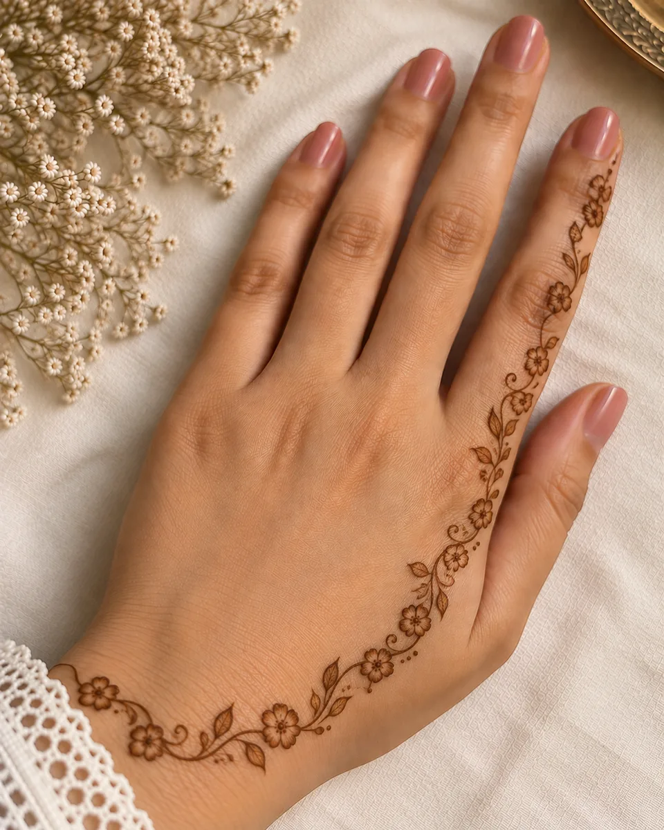 simple Arabic back hand mehndi design with a small leaf cluster simple Arabic back hand mehndi design with a small leaf cluster
