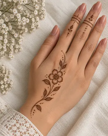 simple back hand mehndi design with small flower and curved leaves simple back hand mehndi design with small flower and curved leaves