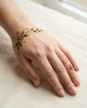 simple back hand mehndi design with botanical corner arrangement simple back hand mehndi design with botanical corner arrangement