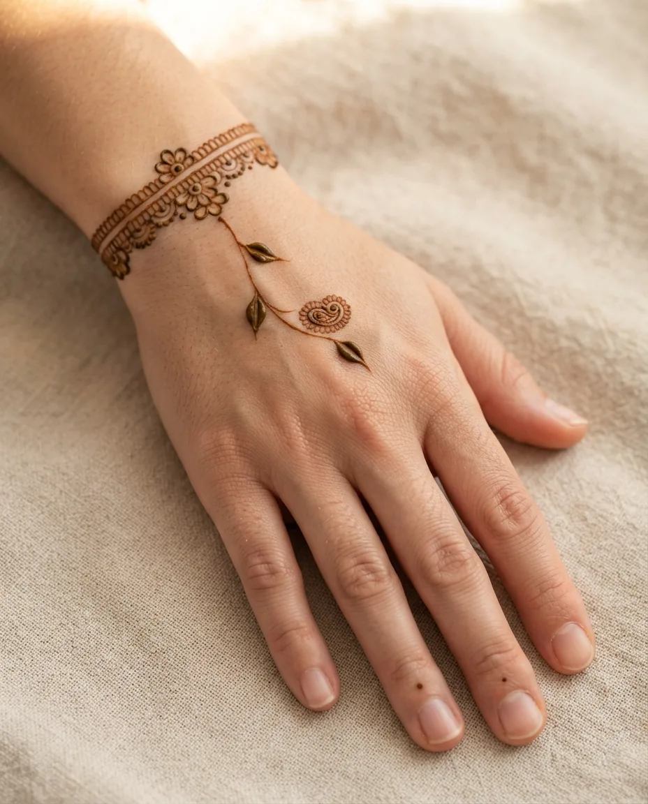 simple back hand mehndi design with delicate wrist bracelet pattern simple back hand mehndi design with delicate wrist bracelet pattern