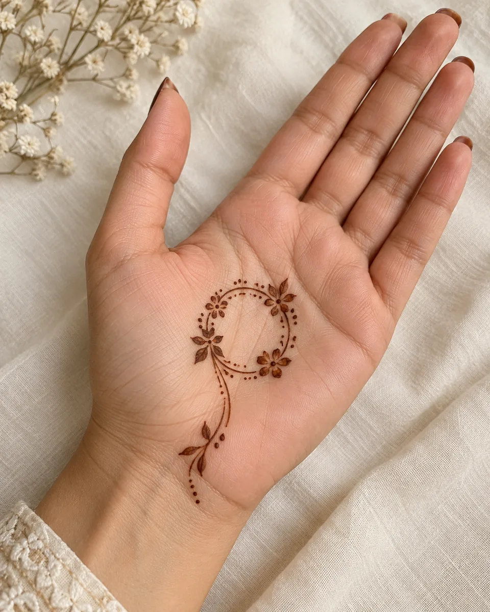 simple mehndi design with small circular floral palm motif simple mehndi design with small circular floral palm motif
