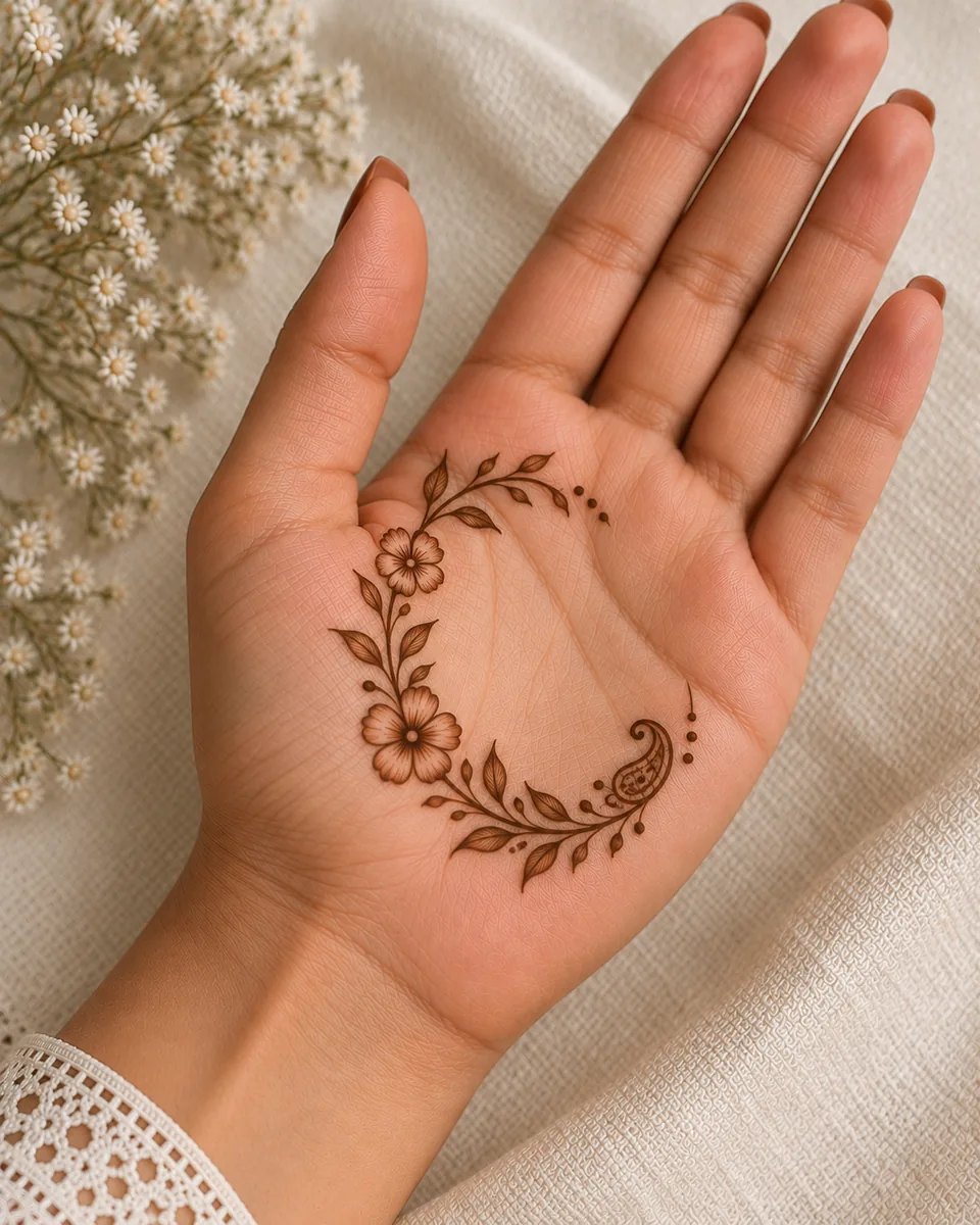 simple mehndi design with a delicate crescent shaped floral curve simple mehndi design with a delicate crescent shaped floral curve