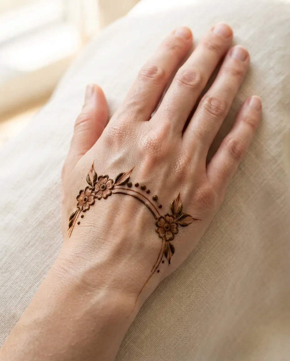 simple back hand mehndi design with a delicate floral arc simple back hand mehndi design with a delicate floral arc