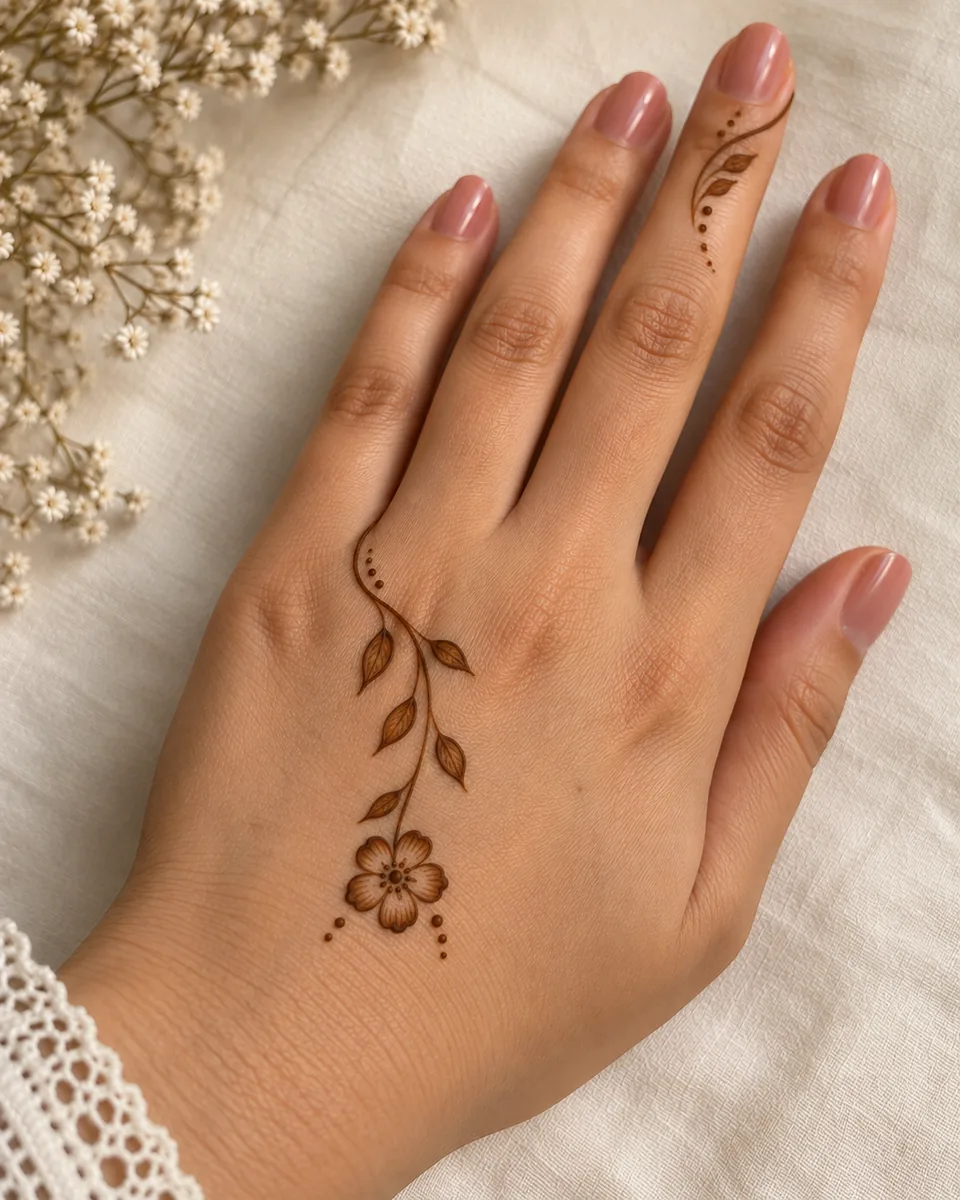 simple back hand mehndi design with a small hanging floral motif simple back hand mehndi design with a small hanging floral motif