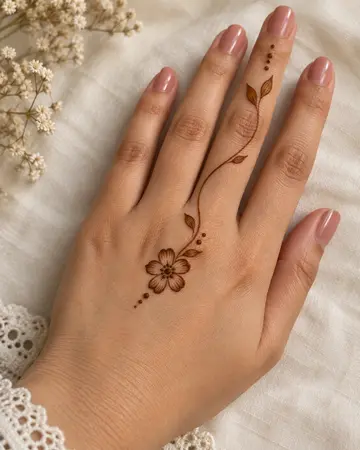 simple back hand mehndi design with a floral motif extending onto the finger simple back hand mehndi design with a floral motif extending onto the finger