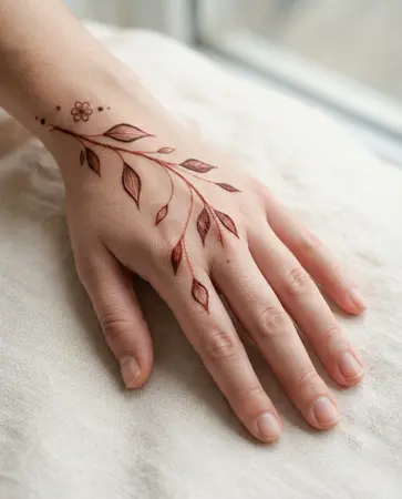simple back hand mehndi design with a curved leaf vine simple back hand mehndi design with a curved leaf vine