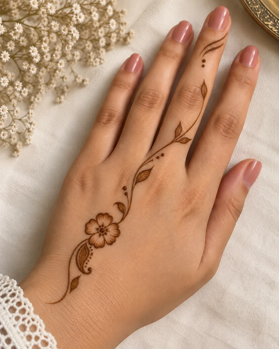 simple back hand mehndi design with a delicate leaf garland simple back hand mehndi design with a delicate leaf garland