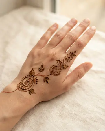 simple back hand mehndi design with a small paisley trail simple back hand mehndi design with a small paisley trail