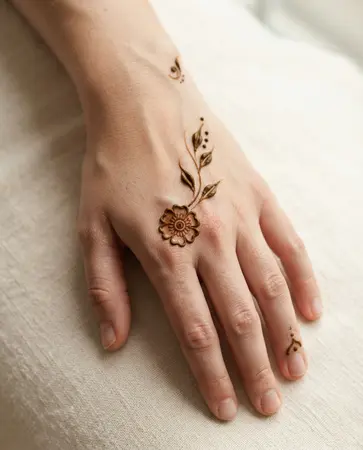 simple back hand mehndi design with a tiny rosette and leaf vine simple back hand mehndi design with a tiny rosette and leaf vine