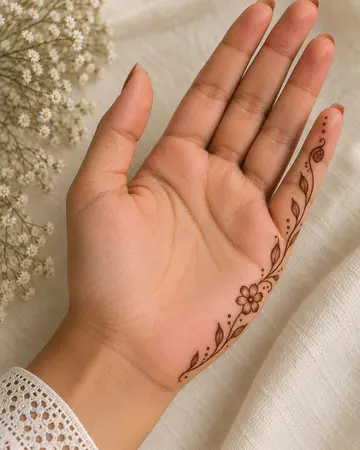 simple mehndi design placed along the side of the palm with floral details simple mehndi design placed along the side of the palm with floral details