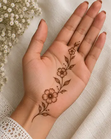 simple mehndi design with three small flowers and delicate leaves simple mehndi design with three small flowers and delicate leaves