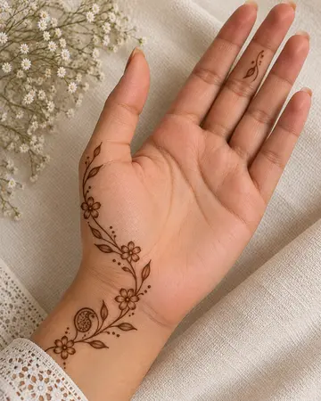 simple mehndi design with a delicate wrist vine and tiny flowers simple mehndi design with a delicate wrist vine and tiny flowers
