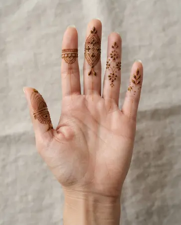 Stylish mehndi design with delicate fingertip patterns and an open palm Stylish mehndi design with delicate fingertip patterns and an open palm