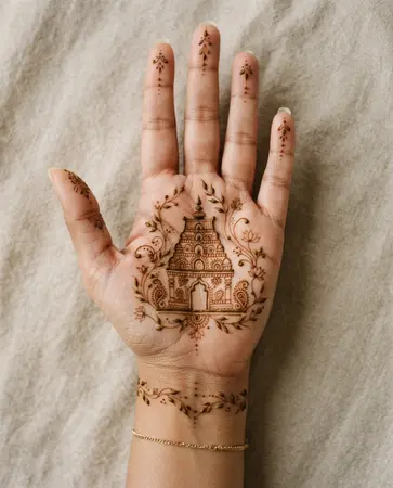 Traditional mehndi design featuring miniature temple-inspired ornamental outlines Traditional mehndi design featuring miniature temple-inspired ornamental outlines