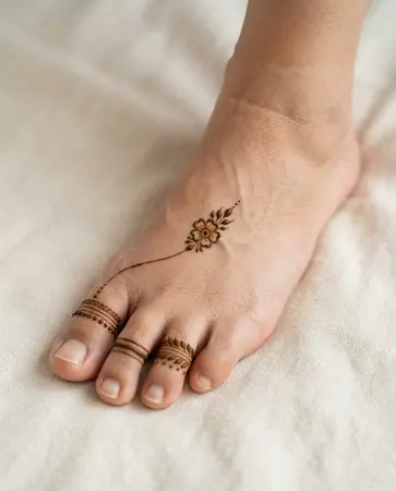 Minimal foot mehndi design with delicate toe-ring-inspired henna patterns Minimal foot mehndi design with delicate toe-ring-inspired henna patterns