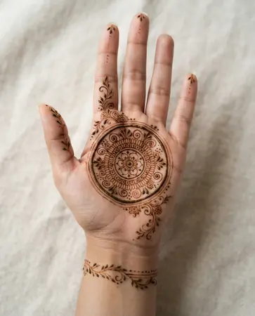 Traditional mehndi design featuring a folk-inspired circular motif and delicate borders Traditional mehndi design featuring a folk-inspired circular motif and delicate borders