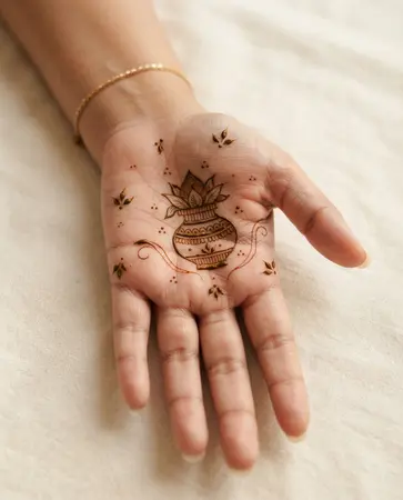 Traditional mehndi design featuring a decorative kalash motif with fine henna borders Traditional mehndi design featuring a decorative kalash motif with fine henna borders