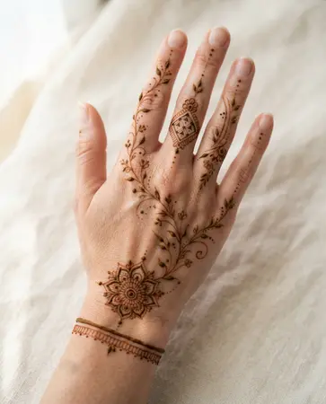 Unique modern mehndi design with asymmetrical motifs, fine details, and open negative space
