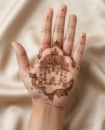 Bridal mehndi design with a miniature ornamental wedding mandap motif Bridal mehndi design with a miniature ornamental wedding mandap motif