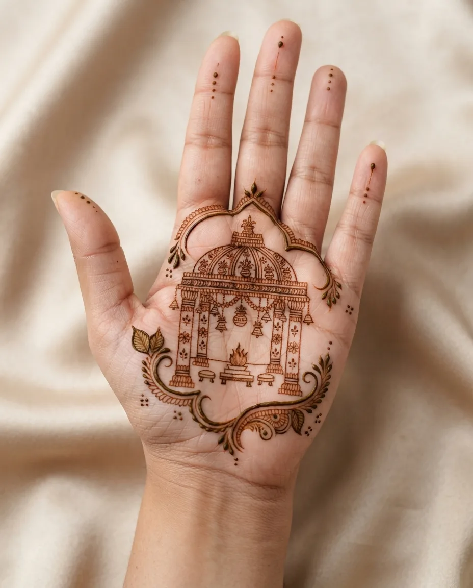 Bridal mehndi design with a miniature ornamental wedding mandap motif Bridal mehndi design with a miniature ornamental wedding mandap motif