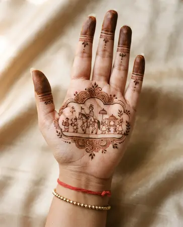 Bridal mehndi design with a small traditional wedding procession silhouette Bridal mehndi design with a small traditional wedding procession silhouette