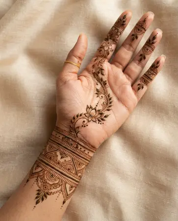Bridal mehndi design flowing from the wrist into the palm with fine floral detailing Bridal mehndi design flowing from the wrist into the palm with fine floral detailing